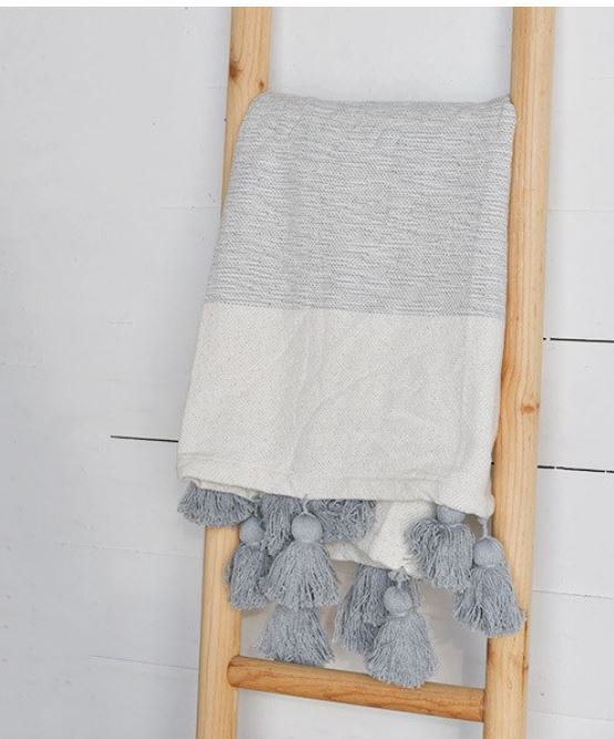 Grey and White Pom Throw Blanket - Mix Home Mercantile