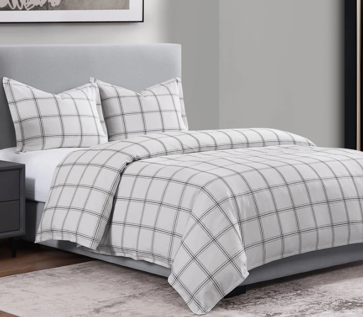 White Windowpane Plaid King Bedding Set