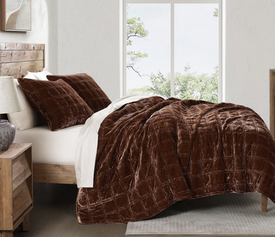 Brown Faux Velvet Double Box Stitch King Quilt Set