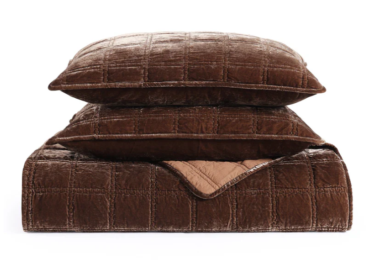 Brown Faux Velvet Double Box Stitch King Quilt Set