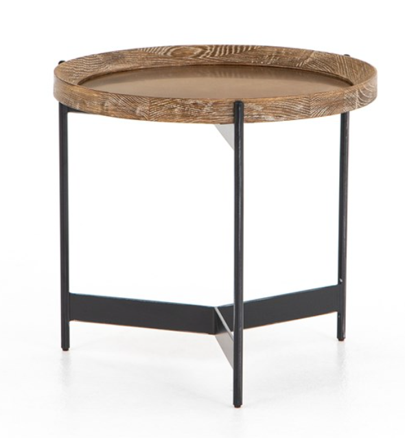 22" Brass and Oak Side Table with Iron Base - Mix Home Mercantile